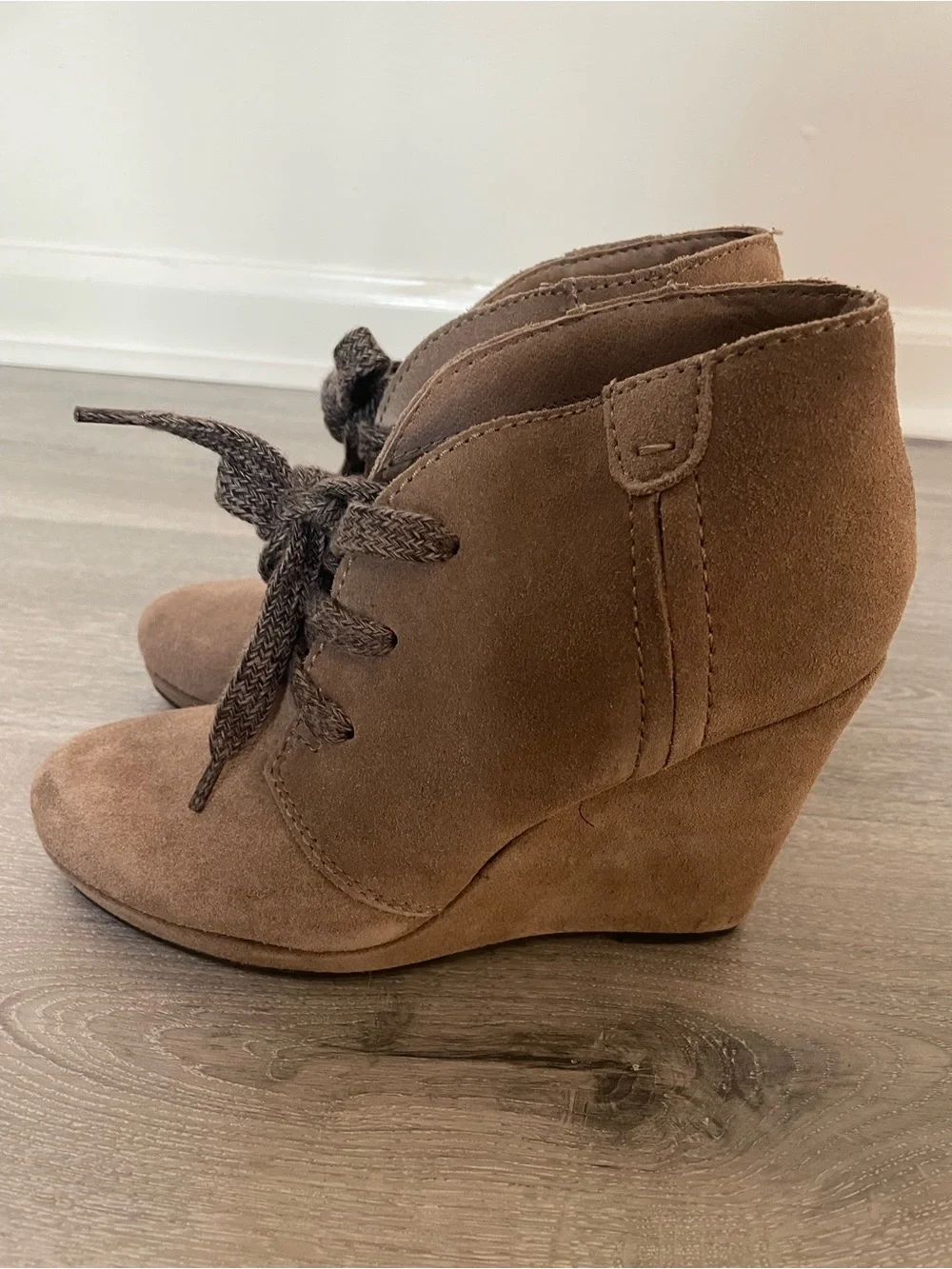 Dolce Vita Taupe Suede Lace-Up Wedge Ankle Boots